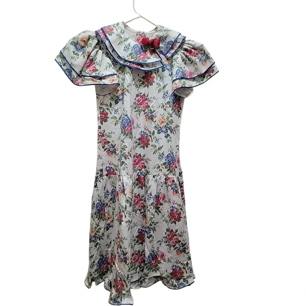 Vtg Sarah Kent 80's Floral Garden Party Cottagecore Dress Girls 8 Blue Collared